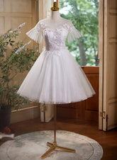 Cute White Tulle with Lace Short Party Dress