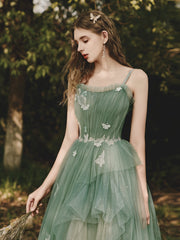 Precioso vestido de fiesta largo de tul verde degradado con tirantes