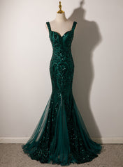 Green Mermaid Long Straps Sequins Long Prom Dress