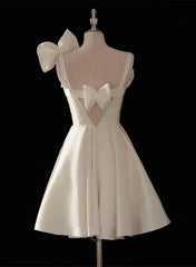 Cute Short White Satin Knee Length Party Dress with Bow