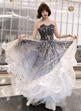 Blue Cute Tulle Gradient Long Party Dress