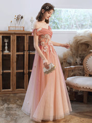 Gradient Pink Off Shoulder A-line with Flowers Prom Dress