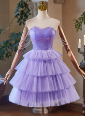 Lindo vestido de fiesta corto de tul y lentejuelas color lavanda
