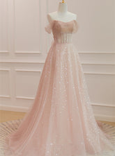 Vestido formal largo de corte A en tul rosa brillante con cuentas
