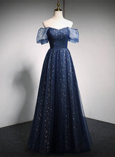 Vestido de fiesta azul marino largo con hombros descubiertos y corte A