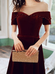 Wine Red Velvet Long A-line Bridesmaid Dress