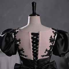 Black Satin A-line Floor Length Long Party Dress with Lace