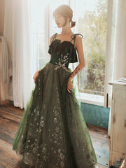 Beautiful Dark Green Straps Tulle with Velvet Party Dress