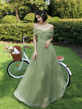 Green Off Shoulder Tulle Long Party Dress