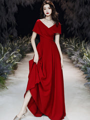 Vestido de fiesta largo sencillo de corte A en color rojo vino