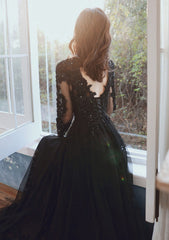 Vestido de fiesta de tul negro con mangas largas y encaje, corte A