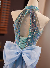 Blue Mermaid Sequins Halter Long Party Dress with Bow