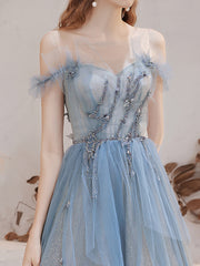 Blue Sweetheart Tulle Beaded Long Evening Dress Party Dress