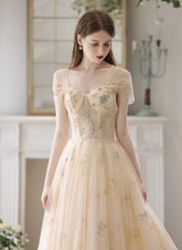Light Champagne Floral Tulle Off Shoulder Party Dress