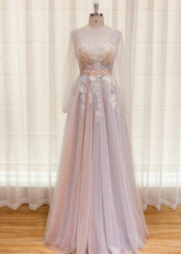 Elegante vestido de fiesta rosa con encaje de flores, vestido de noche sexy con cuello en V y espalda descubierta de tul.