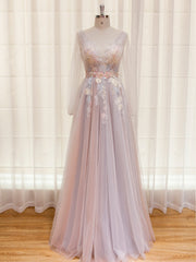 Elegante vestido de fiesta rosa con encaje de flores, vestido de noche sexy con cuello en V y espalda descubierta de tul.
