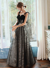 Black A-line Tulle Straps Long Party Dress