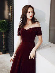 Wine Red Velvet Long A-line Bridesmaid Dress