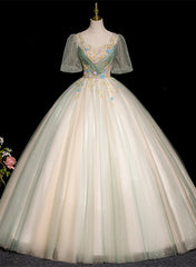 Lovely Green and Champagne Tulle Long Formal Dress