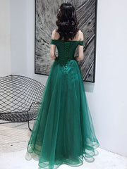 Dark Green Tulle Beaded Off Shoulder Long Party Dresses