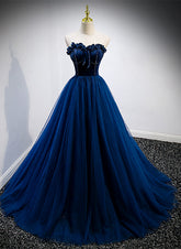 Vestido formal largo de tul y top de terciopelo azul marino