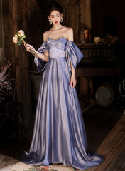 Vestido de fiesta de satén morado claro con cuentas y hombros descubiertos