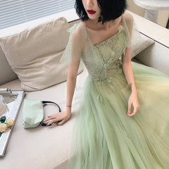 Light Green Tulle with Lace Short Sleeves Long Party Dress