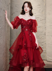 Wine Red High low Short Sleeves Homecoming Dress