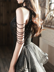 Black Halter Sequins and Tulle Long Party Dress