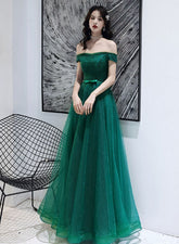Dark Green Tulle Beaded Off Shoulder Long Party Dresses