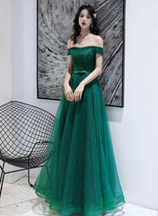 Dark Green Tulle Beaded Off Shoulder Long Party Dresses