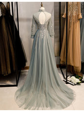 Charming Tulle Long Sleeves Beaded and Lace Long Party Dress