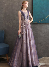 A-line Purple Tulle with Lace Applique Long Formal Dress