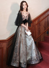 Black Velvet and Tulle with Lace Long Prom Dress