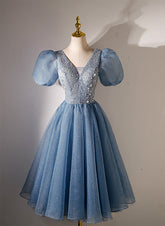 Blue Beaded Tulle Short Sleeves Formal Dresses