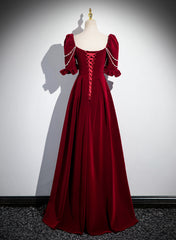 Wine Red Velvet Short Sleeves Long Prom Dress