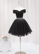 Black Off Shoulder Beaded Tulle Short Prom Dress