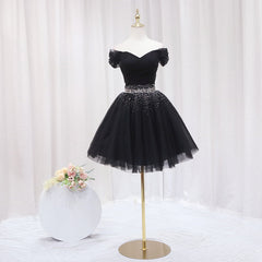Black Off Shoulder Beaded Tulle Short Prom Dress