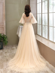 Light Champagne Tulle Slit Beaded Long Prom Dress