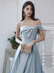 Blue Satin Long Prom Dress with Bow