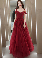 Wine Red Tulle Straps Sweetheart Long Party Dress