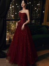 Wine Red Floral Lace and Tulle Long Evening Gown Party Dress