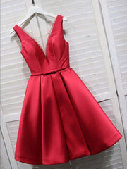 Red Satin V-neckline Knee Length Homecoming Dress