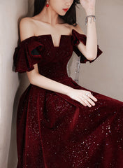 Vestido de fiesta de terciopelo rojo vino hasta la rodilla, vestido de graduación