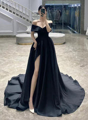 Black Off Shoulder Satin A-line Long Forml Dress