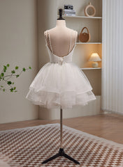 Cute White Short Tulle Beaded Graduation Dress