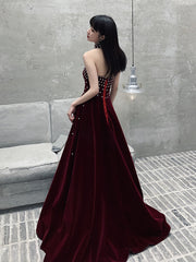 Wine Red Velvet Beaded Long Prom Dress