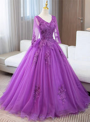Vestido de fiesta de manga larga de tul morado con apliques de encaje
