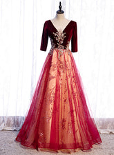 Vestido de fiesta largo de terciopelo rojo vino con mangas 1/2 y encaje