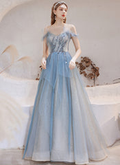 Blue Sweetheart Tulle Beaded Long Evening Dress Party Dress